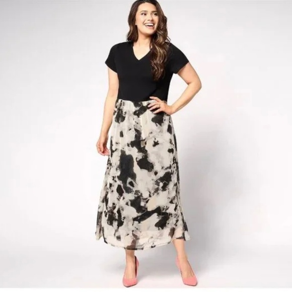 LOGO Black and Gray/tan Knit & Chiffon High-Low Maxi Dress Size 1X - Picture 1 of 6